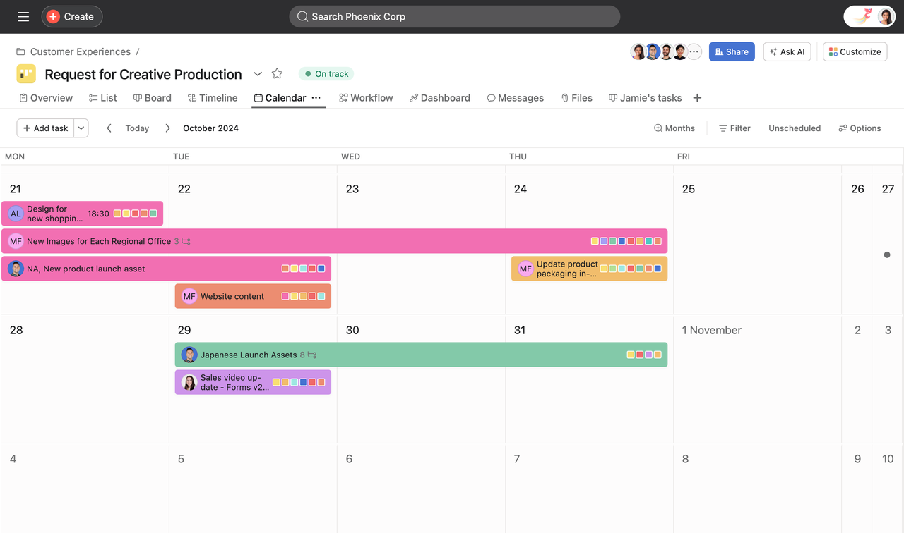 Asana task board with deadlines and status progress bars