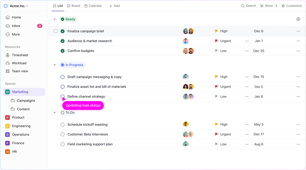 ClickUp kanban board showing task priority and performance insights