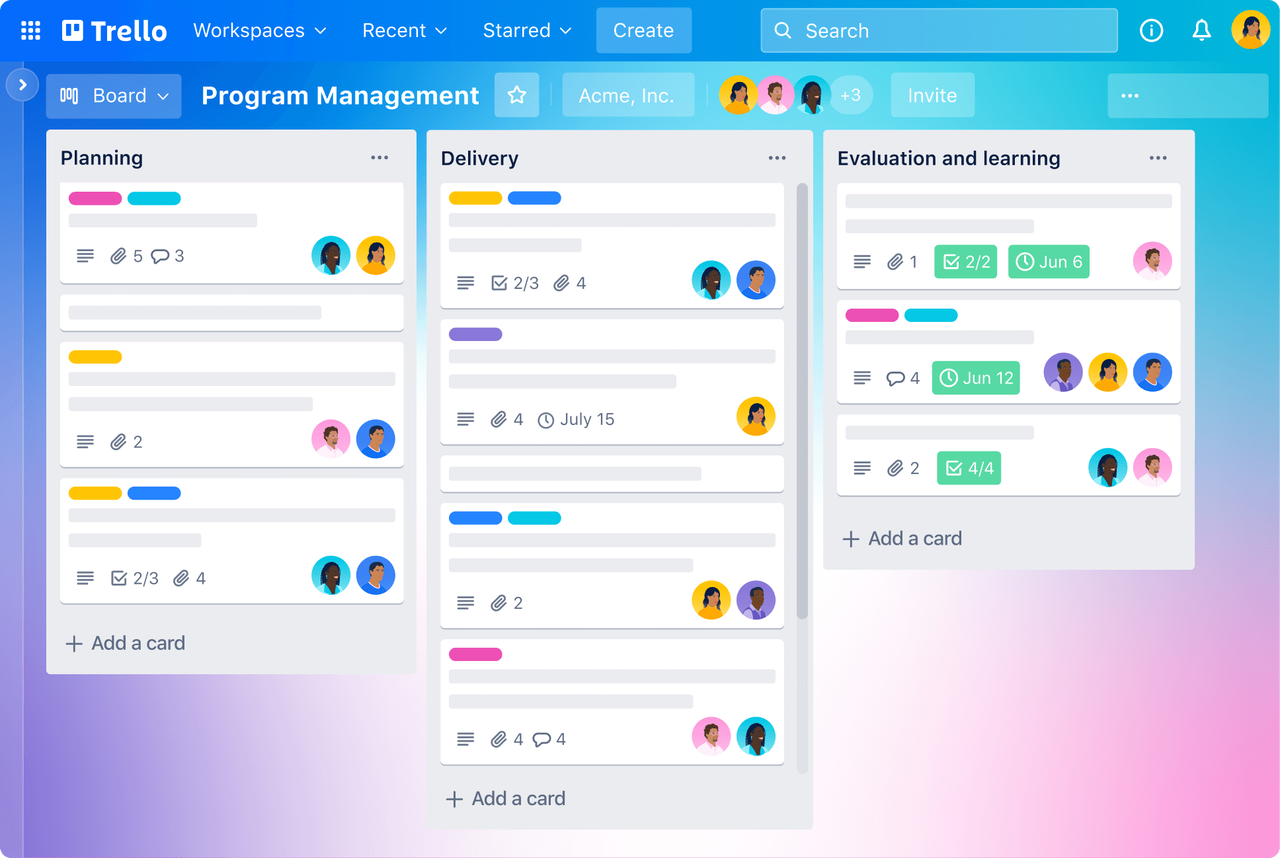 Trello kanban board with cards for project phases