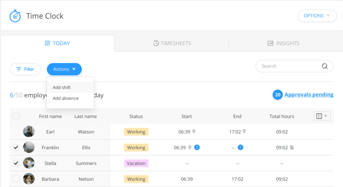 Connecteam app showing employee schedules and status updates