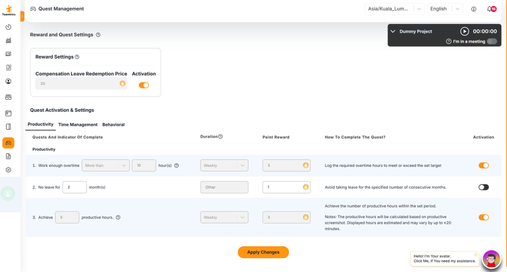 Employee using Teamtrics Custom Quest screen on a hybrid team dashboard