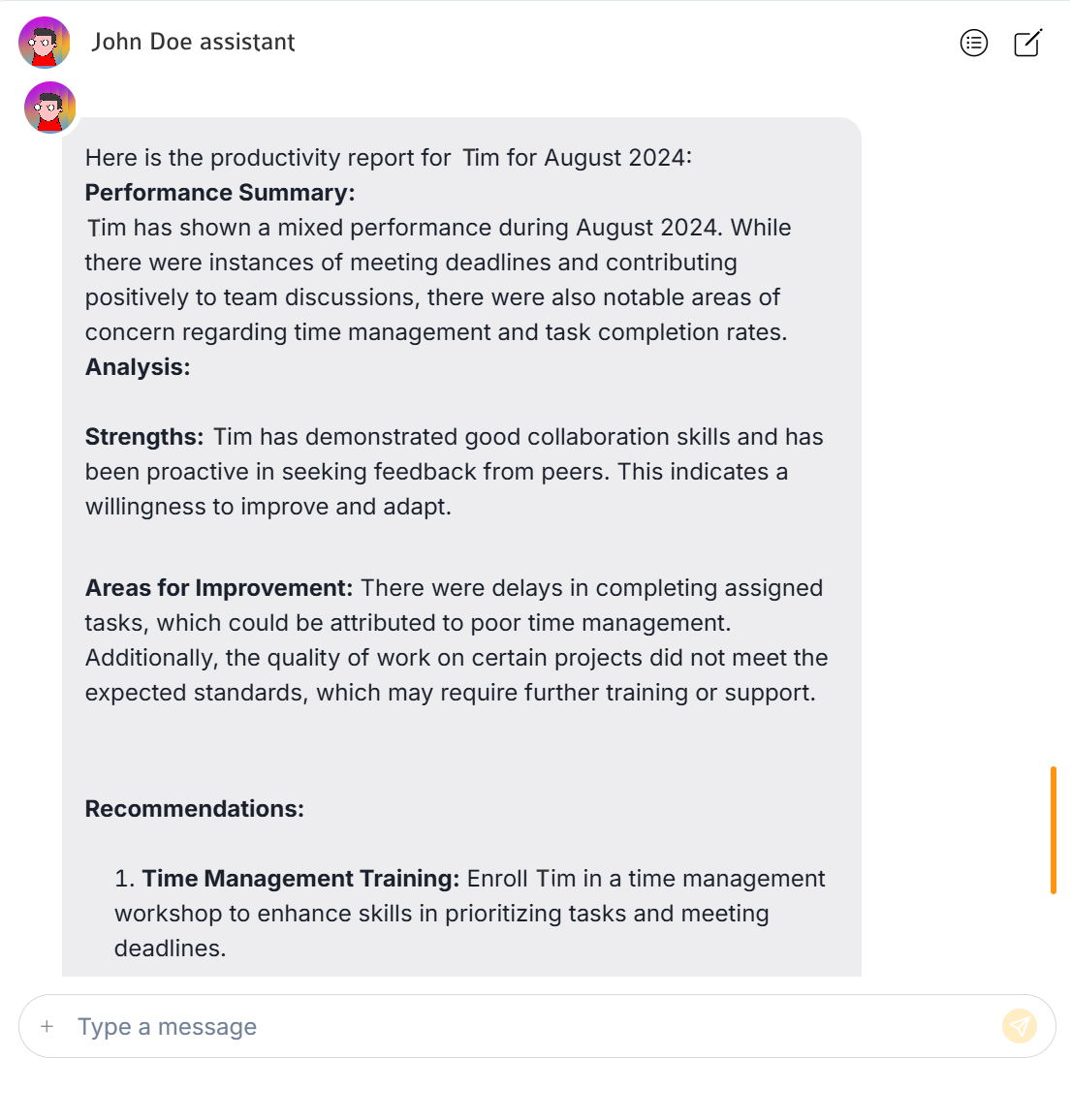 Screenshot of Teamtrics AI report with recommended actions for improvement