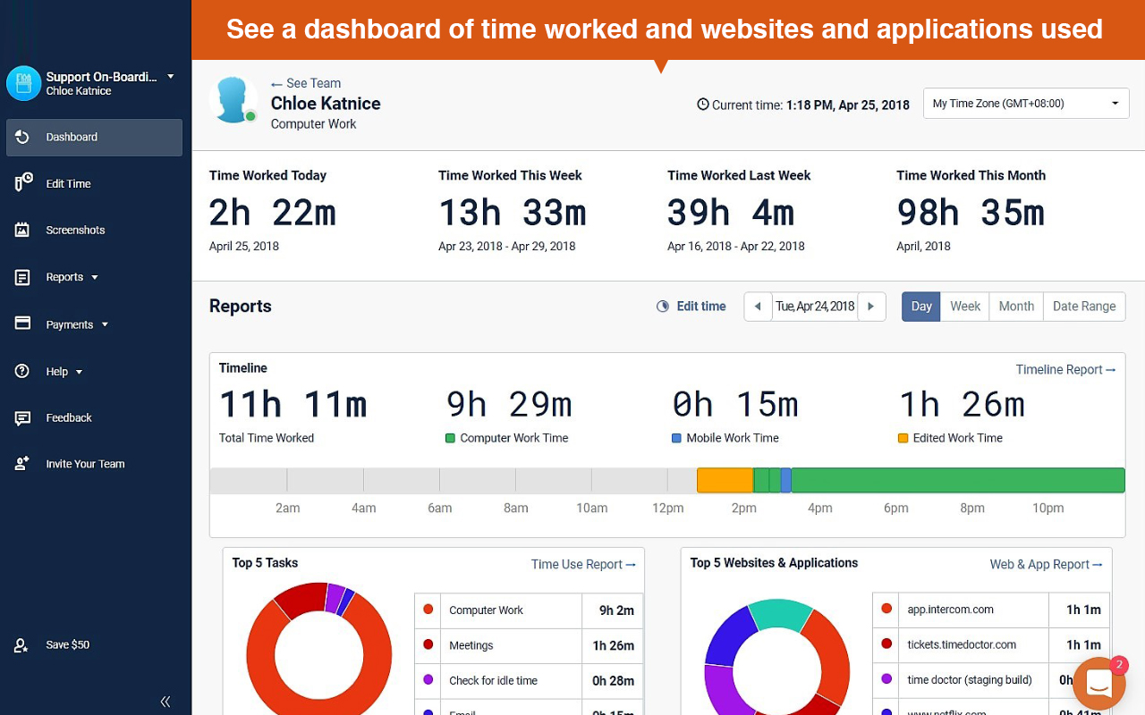 User interface of Time Doctor showing work hours and tasks