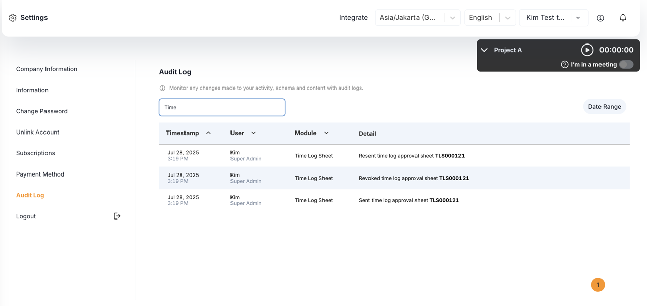 All Time Log Sheet activities are now recorded in the audit log
