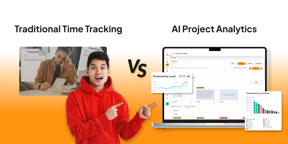 Dashboard comparing traditional time tracking vs AI project analytics overview”