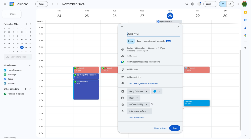 Calendar app displaying feedback loops and AI check-in reminders