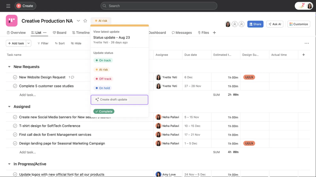 Asana project board with AI recommendation feature