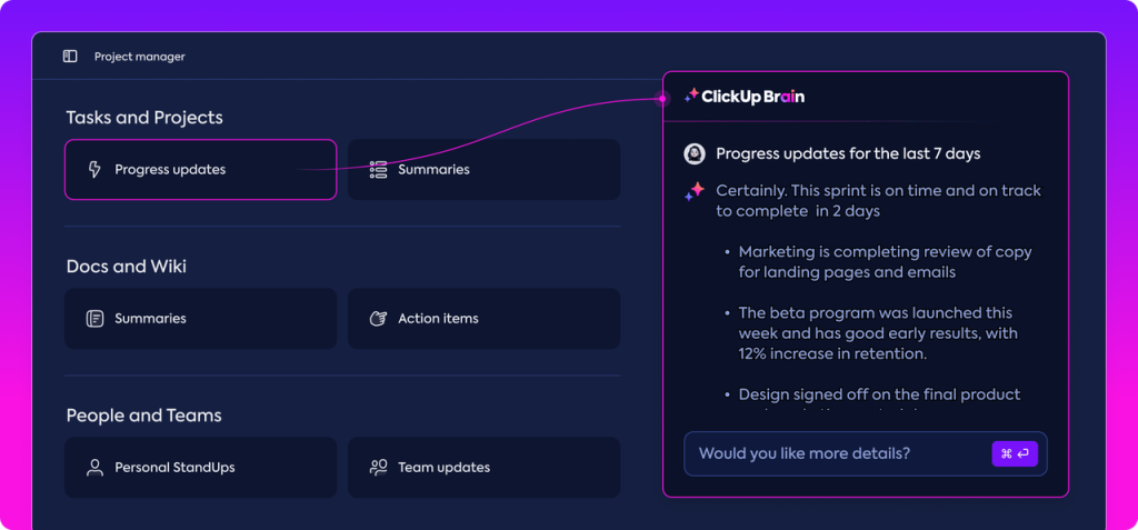 ClickUp AI assistant generating project answers in real time