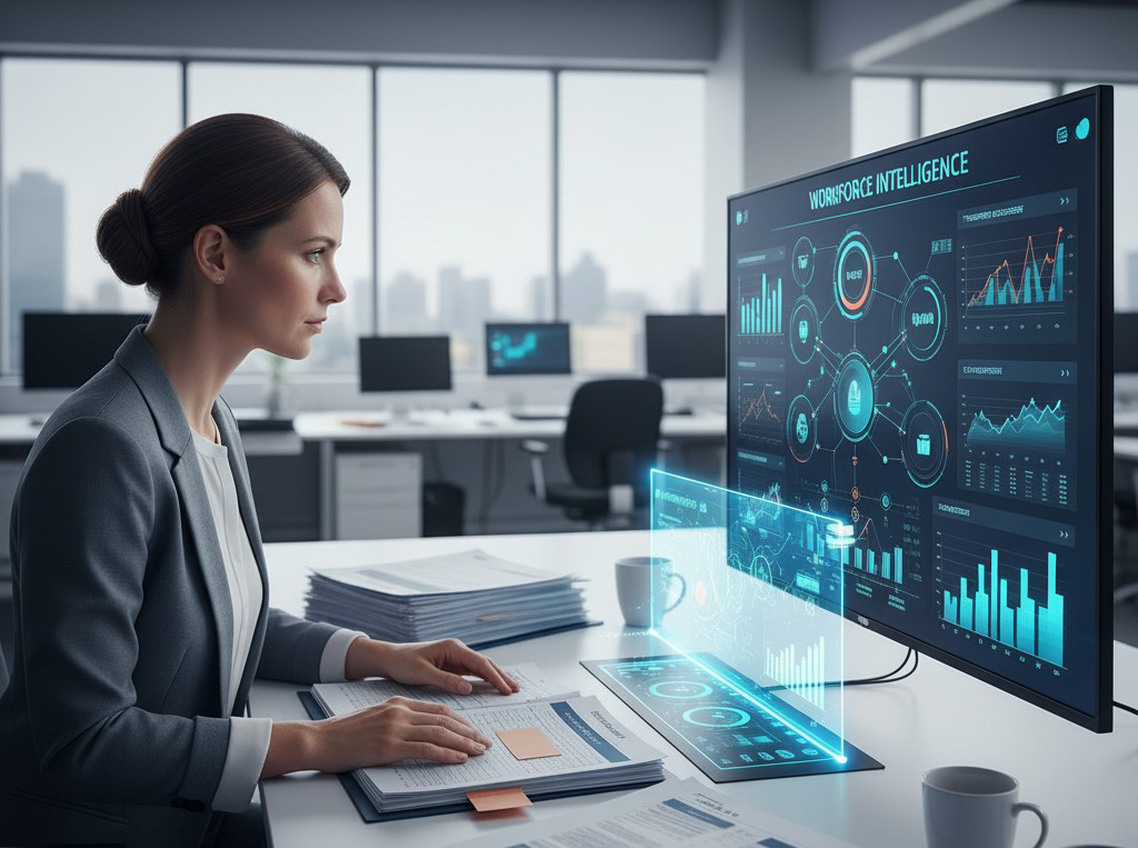 HR manager reviewing traditional reports versus AI workforce analytics dashboard