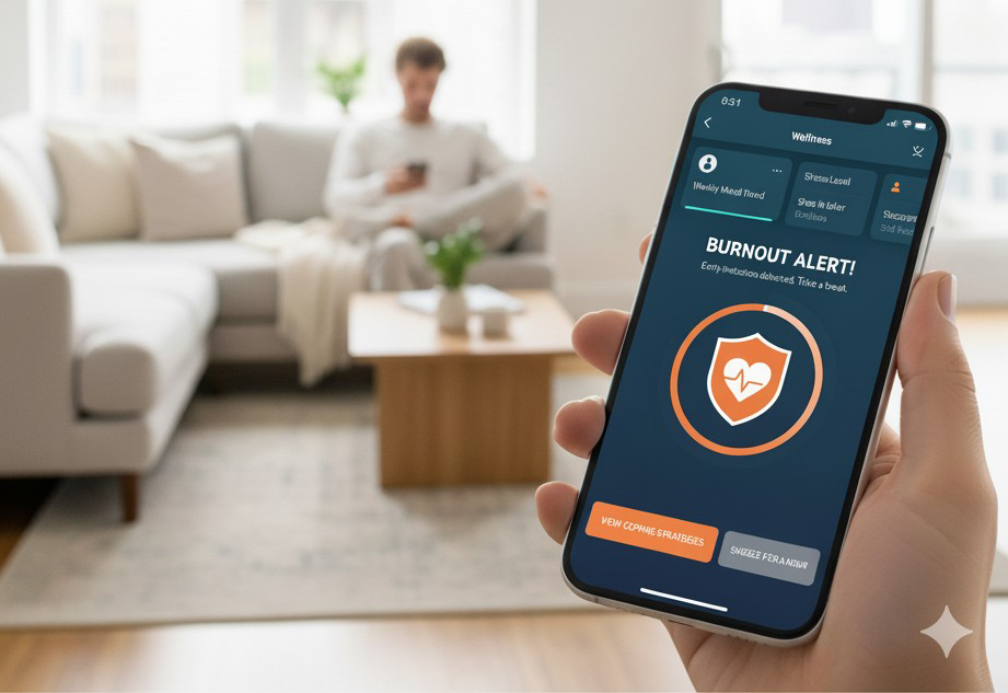 Mobile app showing proactive burnout alert for hybrid team leaders