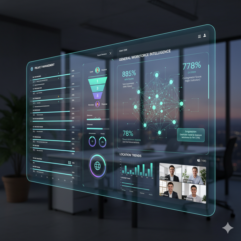 A dashboard of project management software and CRM software integrating General Workforce Intelligence for better Hybrid work oversight