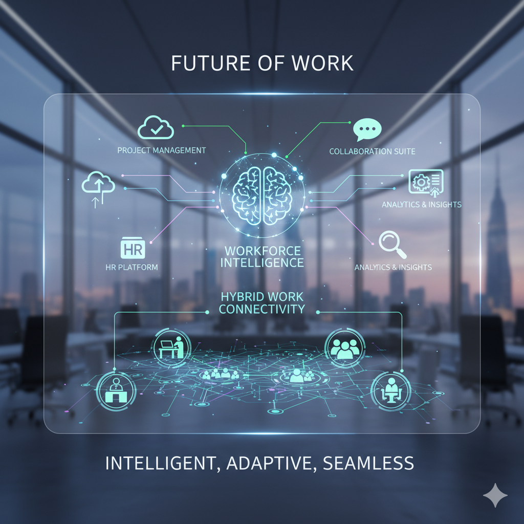 A digital concept of the Future of work featuring Workforce Intelligence, SaaS icons, and Hybrid work connectivity