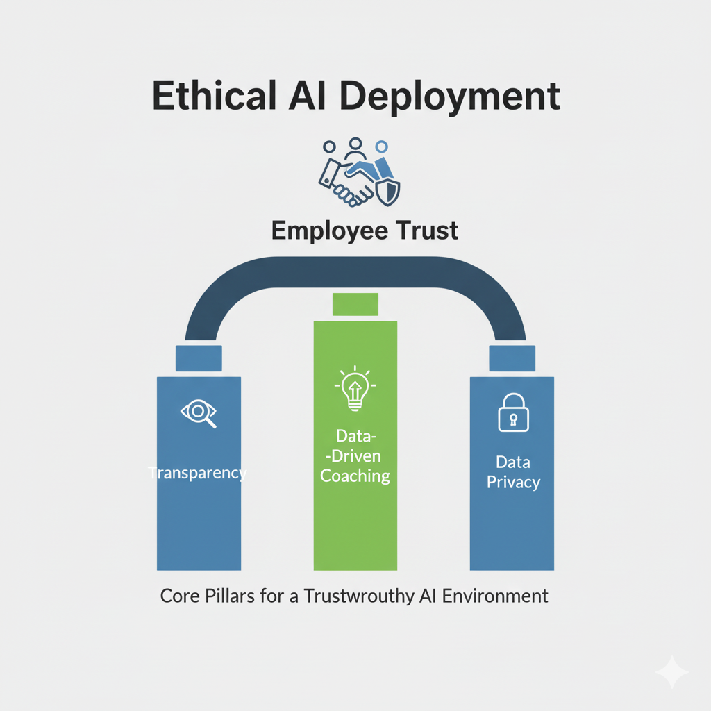 Diagram illustrating the ethical deployment of AI- showing transparency, data-driven coaching, and data privacy as core pillars supporting employee trust