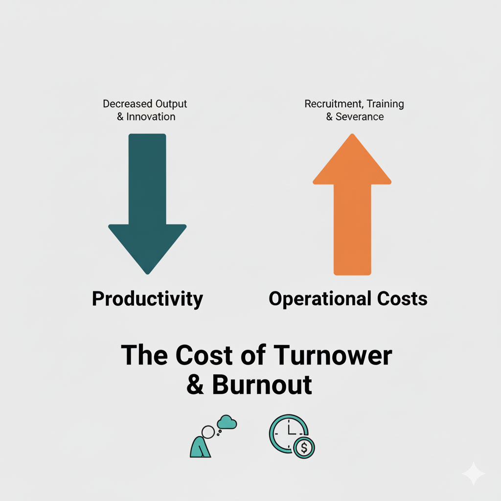 Graphic illustrating the cost of employee turnover and burnout, showing a downward arrow for productivity and an upward arrow for operational costs