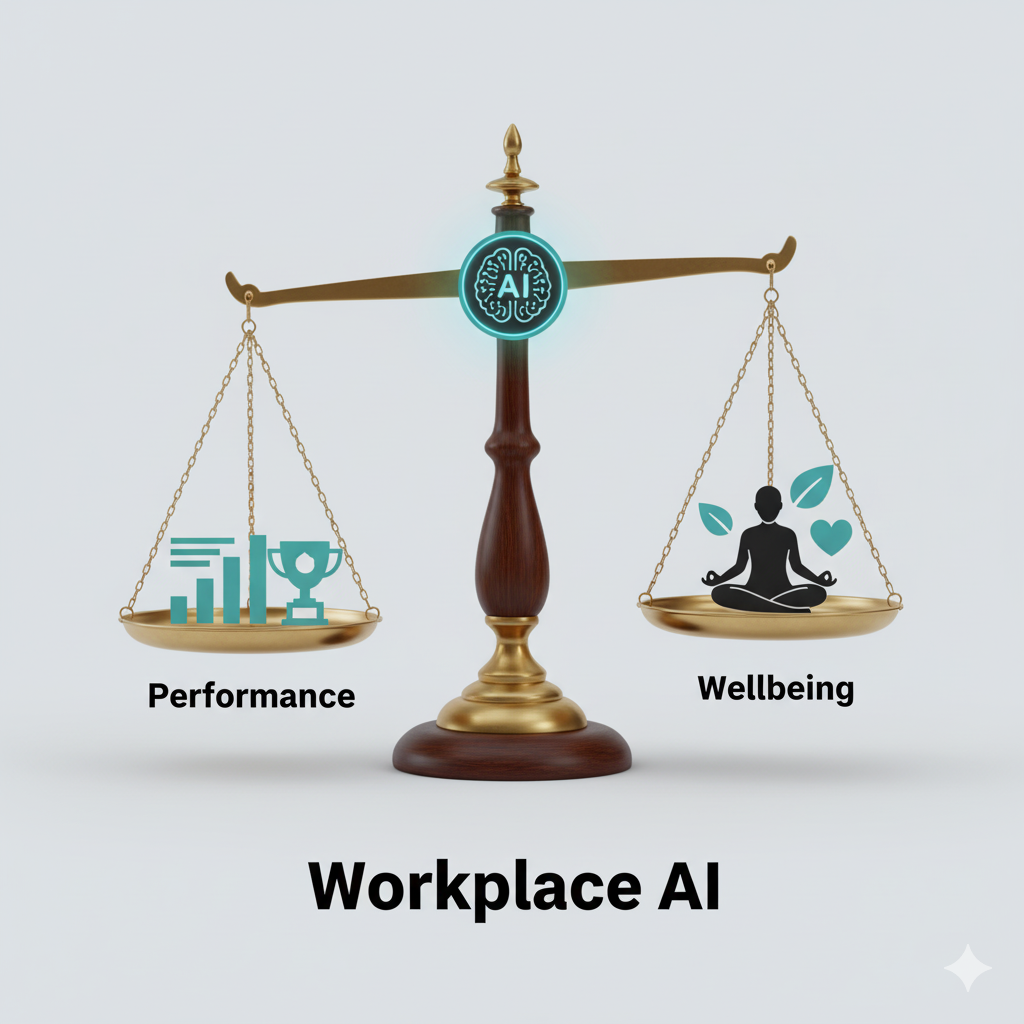 Image of two balancing scales, one side labeled 'Performance' and the other 'Wellbeing', with a symbol for Workplace AI acting as the pivot point