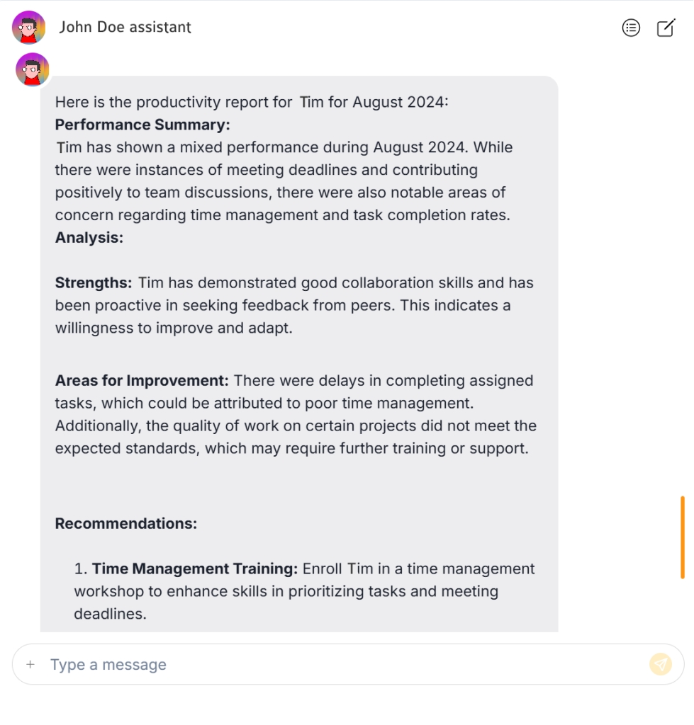 A performance review report generated by Teamtrics showing productivitytrends and remote work efficiency
