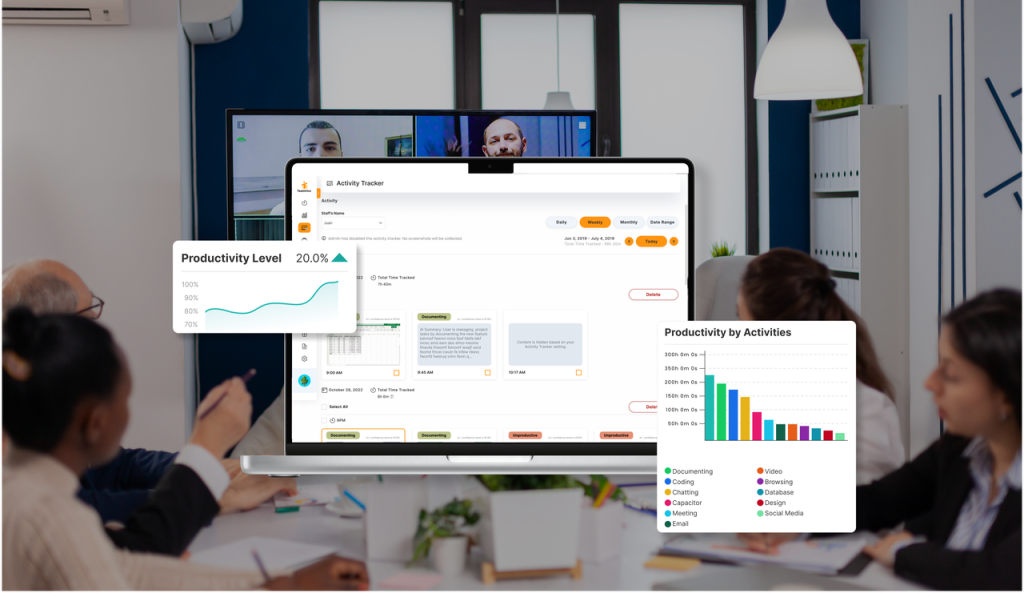 Hybrid team members collaborating with AI-generated project analytics