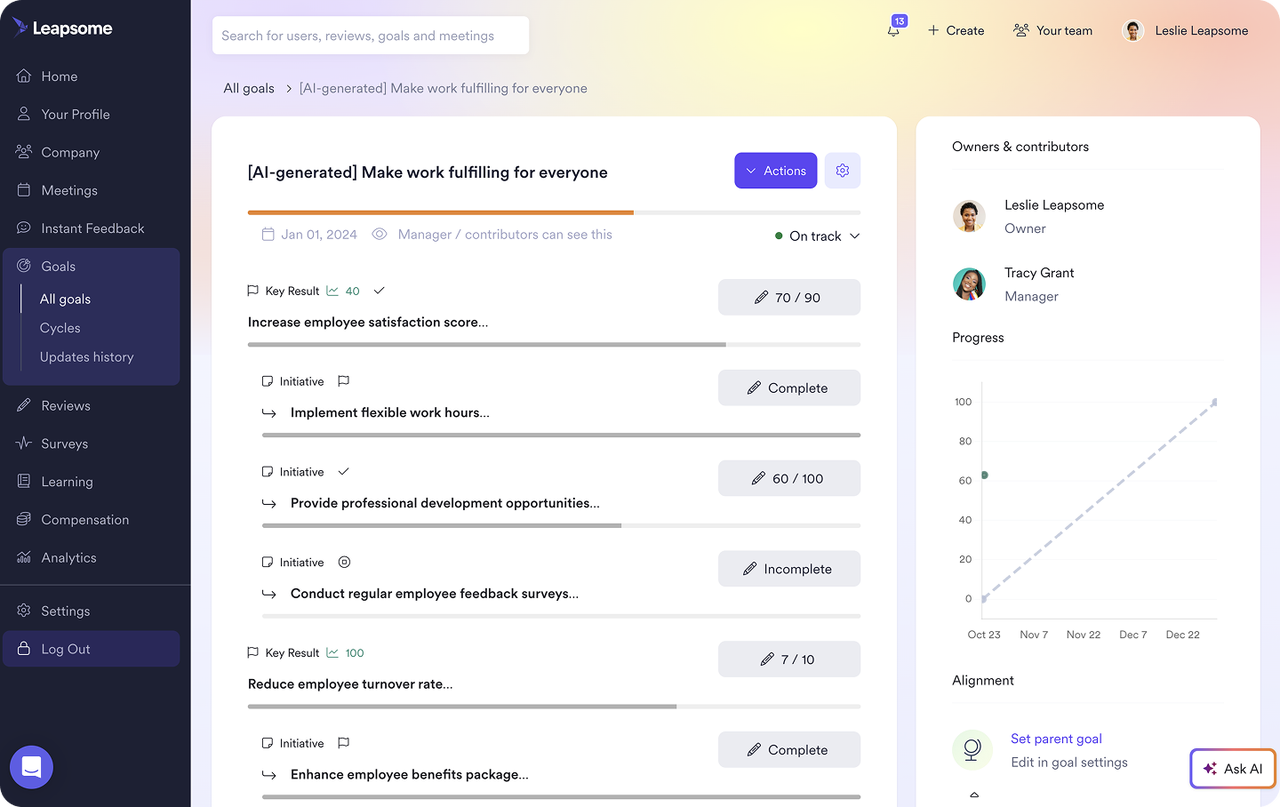 Goal-setting UI showing aligned personal and team OKRs.